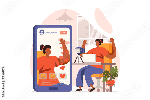 Video streaming web concept in flat design. Woman making live stream using camera. Followers watch broadcast from app. Online communication and social networks. Vector illustration with people scene
