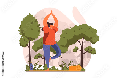 Yoga web concept in flat design. Woman practices yoga asanas and making exercises at city park. Female athlete performs stretching or pilates workout outdoors. Vector illustration with people scene
