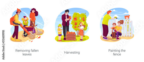 Seasonal work outdoors isolated cartoon vector illustration set