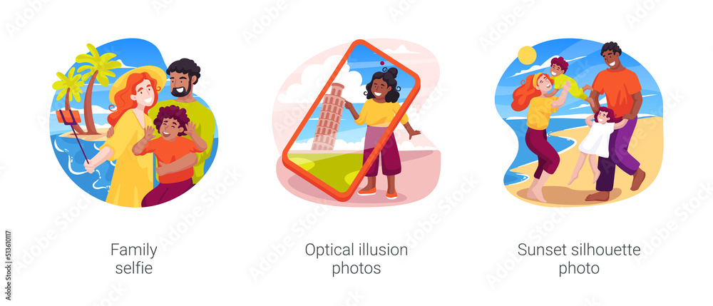 Taking pictures on vacation isolated cartoon vector illustration set