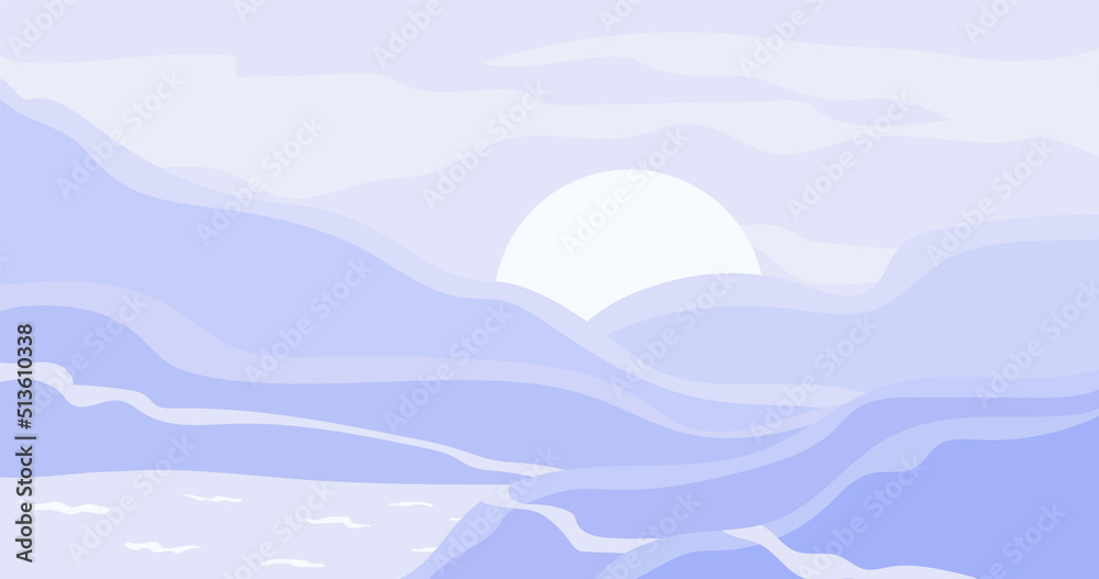 Abstract mountains landscape with sun, clouds and seaside. Minimalistic vector illustration.