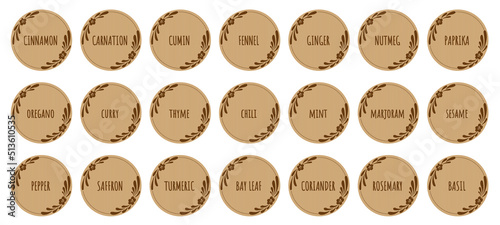 Round vintage labels with a botanical frame for seasonings and spices. 21 stickers for labeling cans and containers.