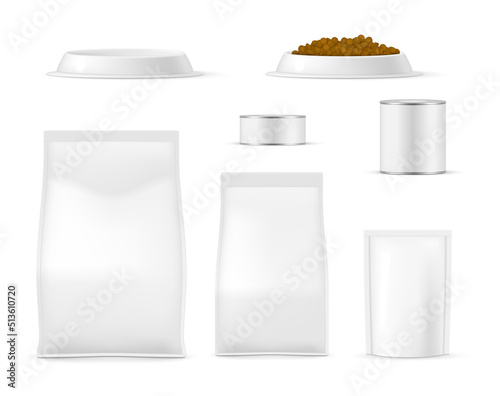 Animal food package can empty and full bowl set realistic template vector illustration