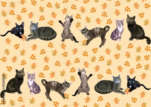 Cats of different breeds play with autumn leaves isolated on yellow background shade moccasin in vector. Seamless animal print for fabric, wallpaper.