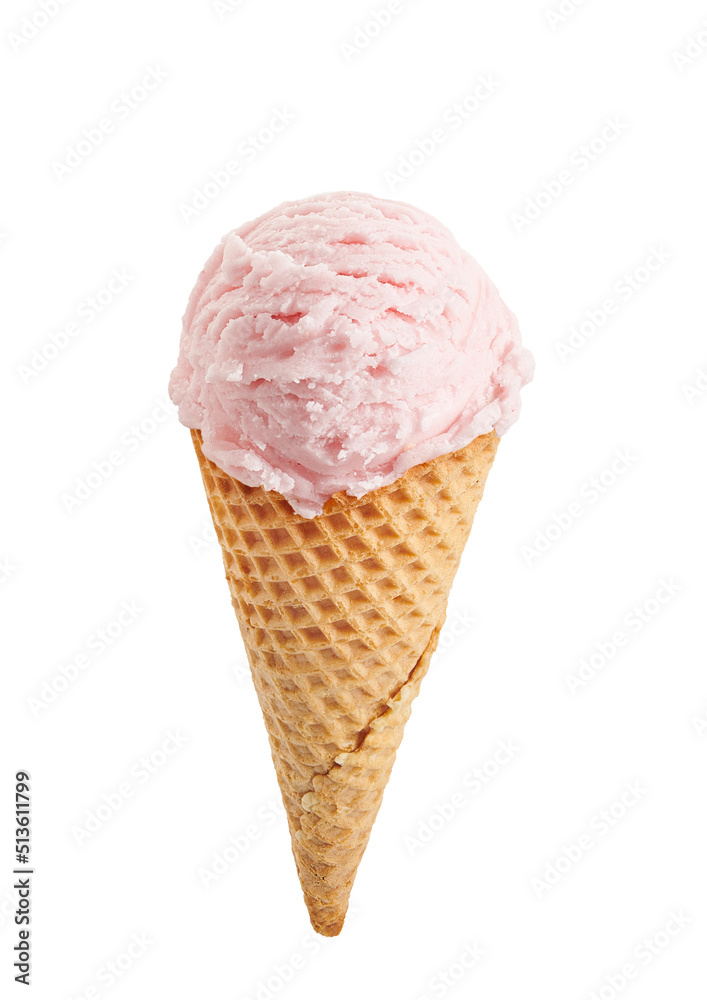 Strawberry ice cream scoops with cone isolated on white background Strawberry ice cream scoops with cone isolated on white background
