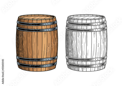 Beer or wine barrels ioslated on white background, engraving style color and black and white vector illustration