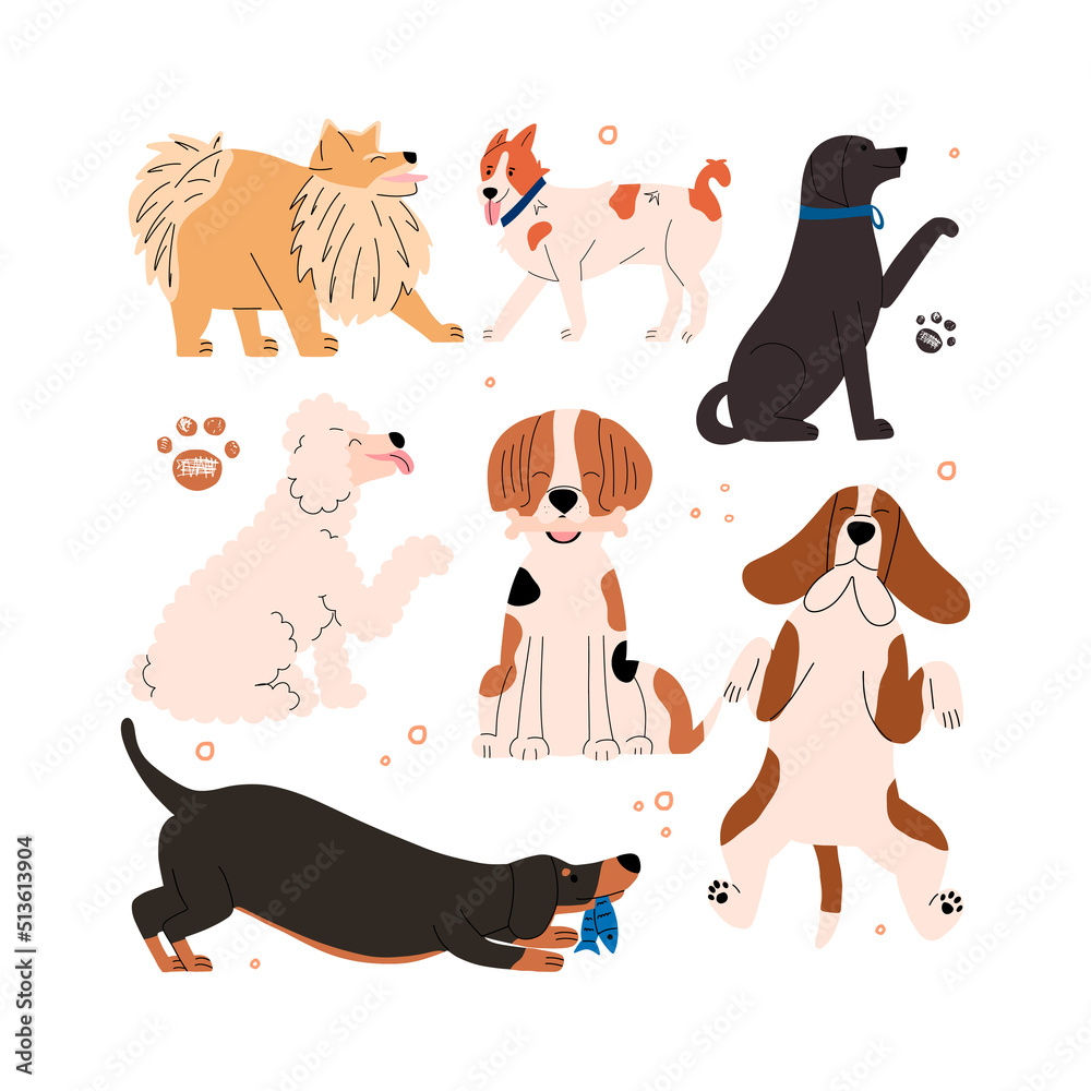 Set of emotional and positive dogs. Collection of hand drawn honeycomb animals. Vector illustration