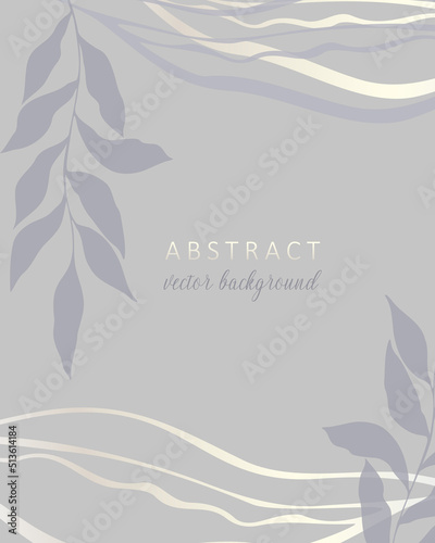 Wedding invitation abstract background in boho style with golden lines and botanical leaves, organic shapes. Abstract art background design for wedding and vip cover template. Vector illustration