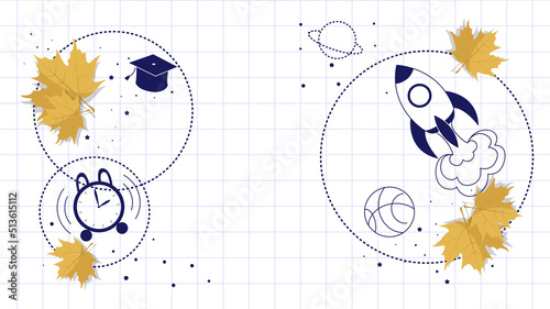 Background for school, school theme, inscription in a notebook, ink drawing, training, lessons, time to study, school doodles