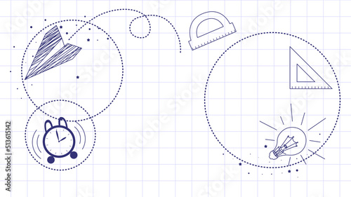Background for school, school theme, inscription in a notebook, ink drawing, training, lessons, time to study, school doodles