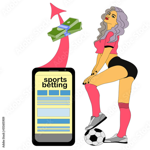full-length portrait of sports girl, female football player. mobile phone with an application for online sports betting. Money, increased winnings. bookmaker's office.