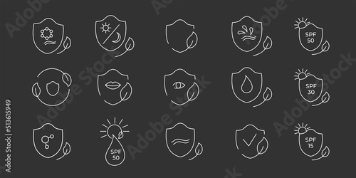 SPF 50, 30, 15 sun protection icon set. Vector stock illustration isolated on black chalkboard background for packaging design sunscreen face cream, body lotion, hair shampoo. 