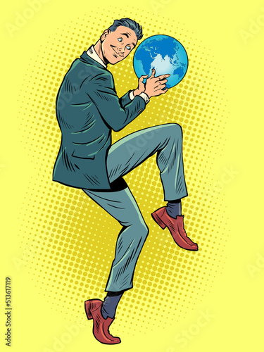 planet earth, world economy and business ecology theme. Businessman in a funny pose