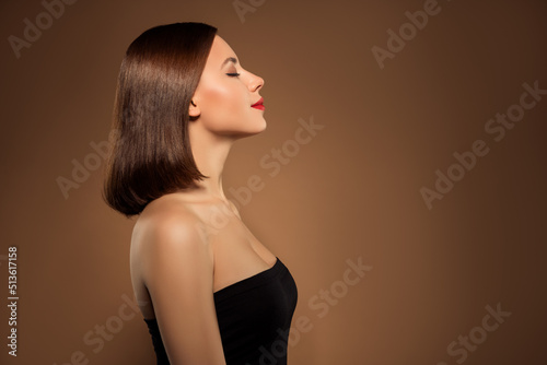 Profile view photo of perfect appearance woman with closed eyes overjoyed feel love to herself apply perfume aromat