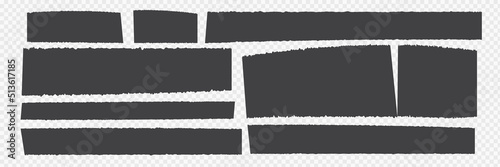 Black ripped and cutout paper torn strip vector illustration isolated on white. Ripped edge texture strips collection. Collage shape of black paper silhouette. Shreds of pages. Grunge fragment photo