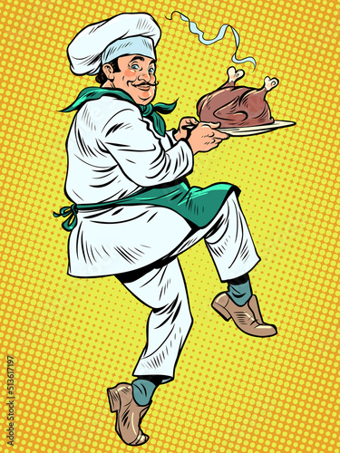 cook with roast turkey, poultry cooking and roasting, professional worker in restaurant