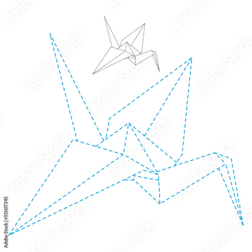 Set of origami crane vector outline dashed illustration isolated on white background. Japanese traditional origami crane for infographic, website or app. Geometric line shape for art of folded paper.