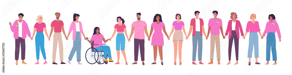 Different people dressed in pink stand together and hold hands. People stand up for women's rights Different people dressed in pink stand together and hold hands. People stand up for women's rights