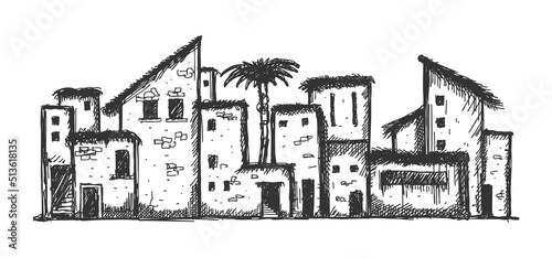 An ancient eastern city drawn by hand. The village of Bethlehem, Jerusalem, Judea.