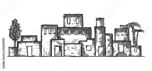 An ancient eastern city drawn by hand. The village of Bethlehem, Jerusalem, Judea.