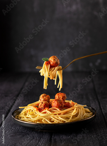 Food photography of meatball, spaghetti, pasta, fork