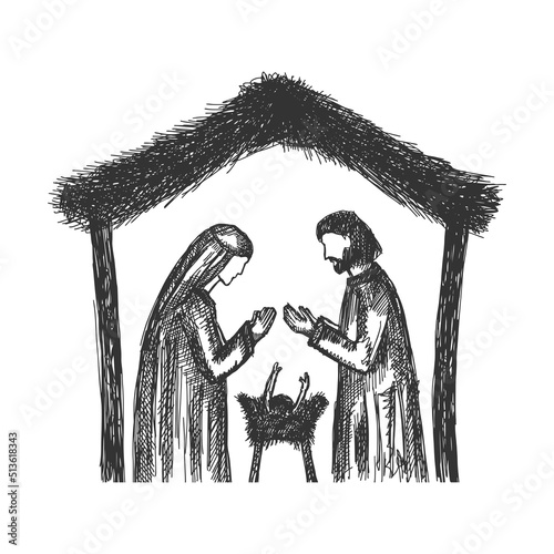 A drawing of a nativity scene. Joseph and Mary with little Jesus in a stable, a cave.