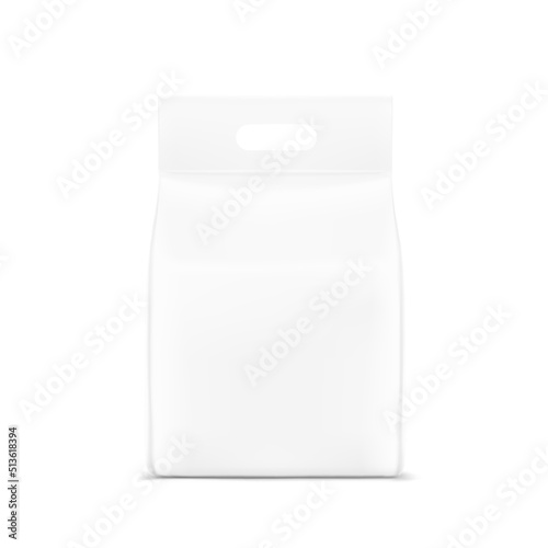 Vertical stand bag with handle hole mockup. Vector illustration isolated on white background. Perfect for presentation your product. EPS10.	