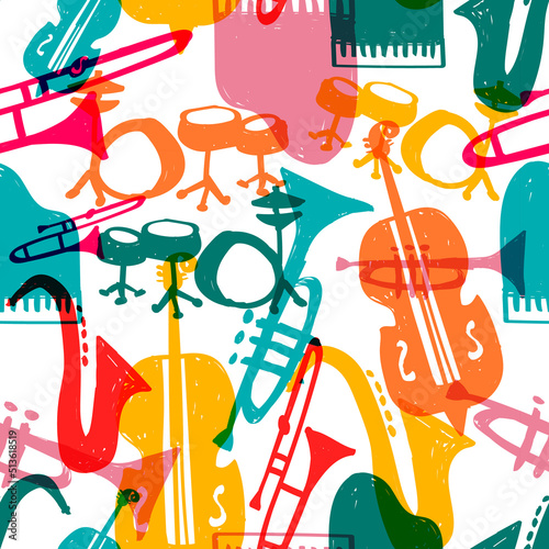 Jazz music instrument doodle seamless pattern background
