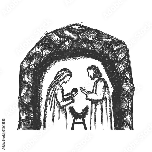 A drawing of a nativity scene. Joseph and Mary with little Jesus in a stable, a cave.