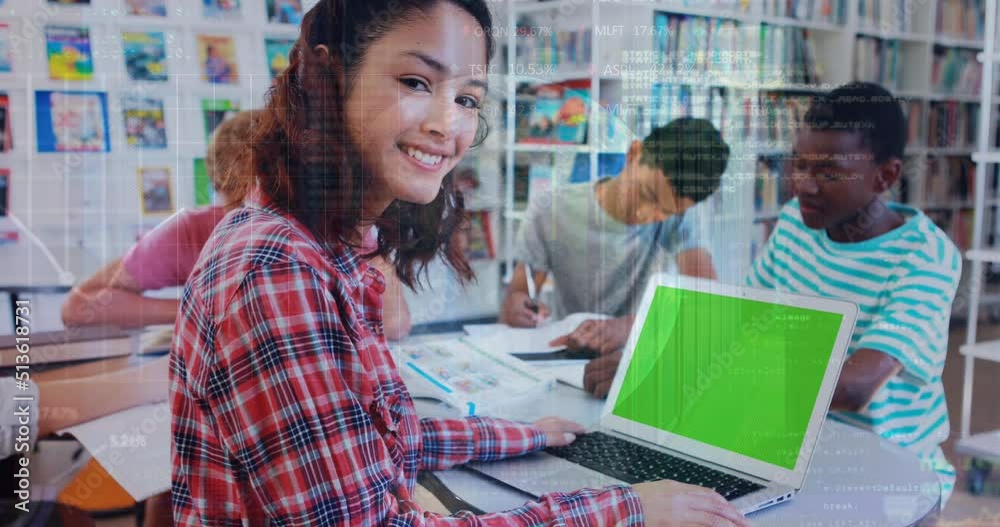 Animation of graph over happy biracial girl using laptop with copy space at school Animation of graph over happy biracial girl using laptop with copy space at school