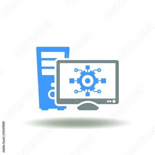 Vector illustration of computer with gear flowchart circuit. Icon of software programming development. Symbol of API integration.