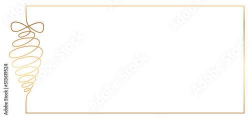 Christmas golden frame with fir tree cone. Continuous line drawing of new year decoration, vector outline template for cards, invitations, certificates. Illustration with copy space for text