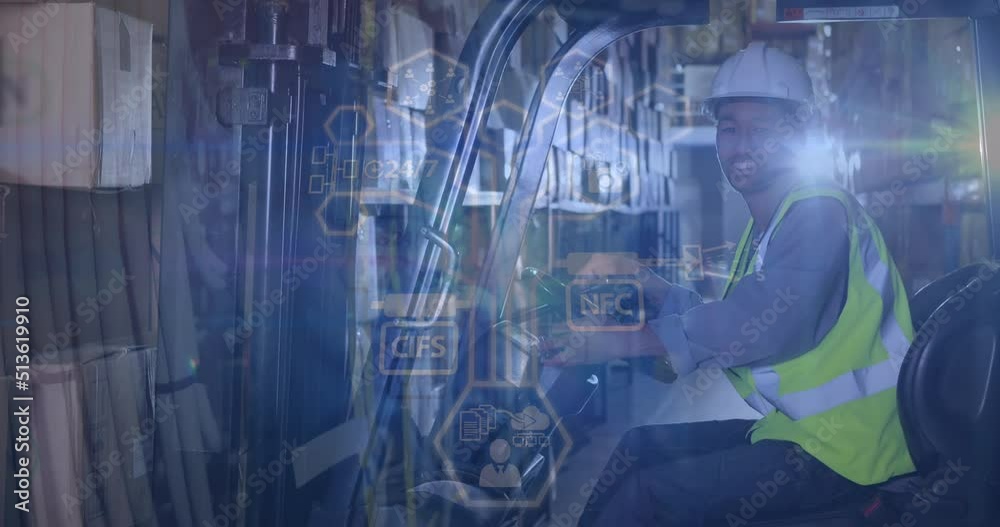 Animation of icons in hexagons over biracial male warehouse worker Animation of icons in hexagons over biracial male warehouse worker