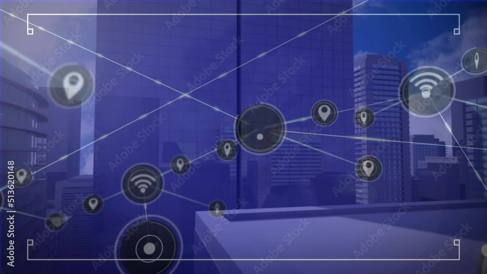 Animation of network of connections over office buildings Animation of network of connections over office buildings