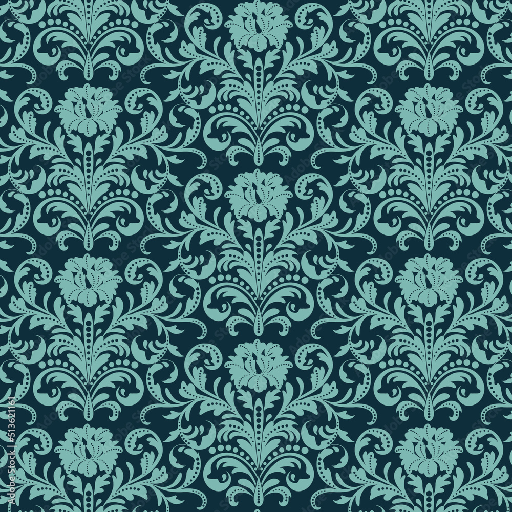 Floral navy blue and aqua pattern with a cool vintage retro flower vibe.