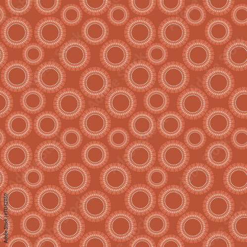 Sienna rust geometric circle repeat pattern with the smaller circles creating larger ones in this background pattern of sienna, rust, peach, coral and beige colors.