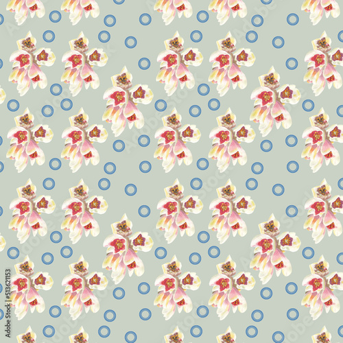 Succulent floral French blue circles green background seamless pattern