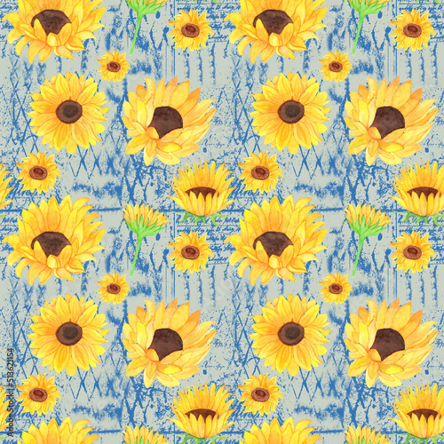 Sunflower repeating pattern light green background French blue texture design element.