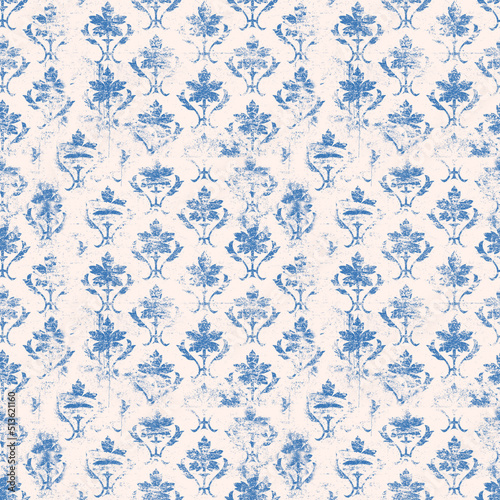 French blue vintage floral on blush repeating pattern retro design element.