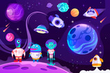 Space travel. Planets, aliens and rockets. Space childish banner. Vector cartoon illustration. EPS 10