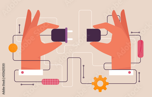 Two hands connecting an electric plug and a power socket together. Integration, connection, collaboration concept. Electrical circuit, wiring. Isolated flat vector illustration