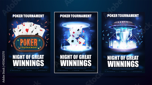 Poker tournament, set of invitation posters with casino elements. Posters with digital 3D podium with poker cup, Casino poker table, playing cards and poker chips inside blue portal