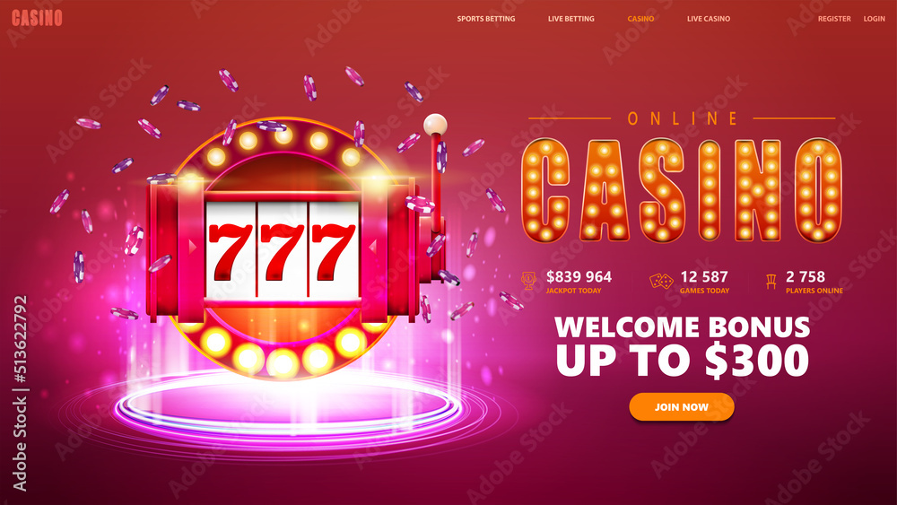 Fototapeta premium Online casino, pink banner for website with button and red slot machine with ships around