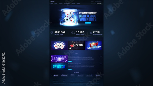 Online casino, dark and blue template of website of casino with casino elements