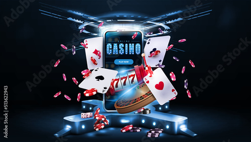Smartphone, casino slot machine, Casino Roulette, cards and poker chips in dark scene with digital cross shaped podium with light bulbs and hologram of digital rings