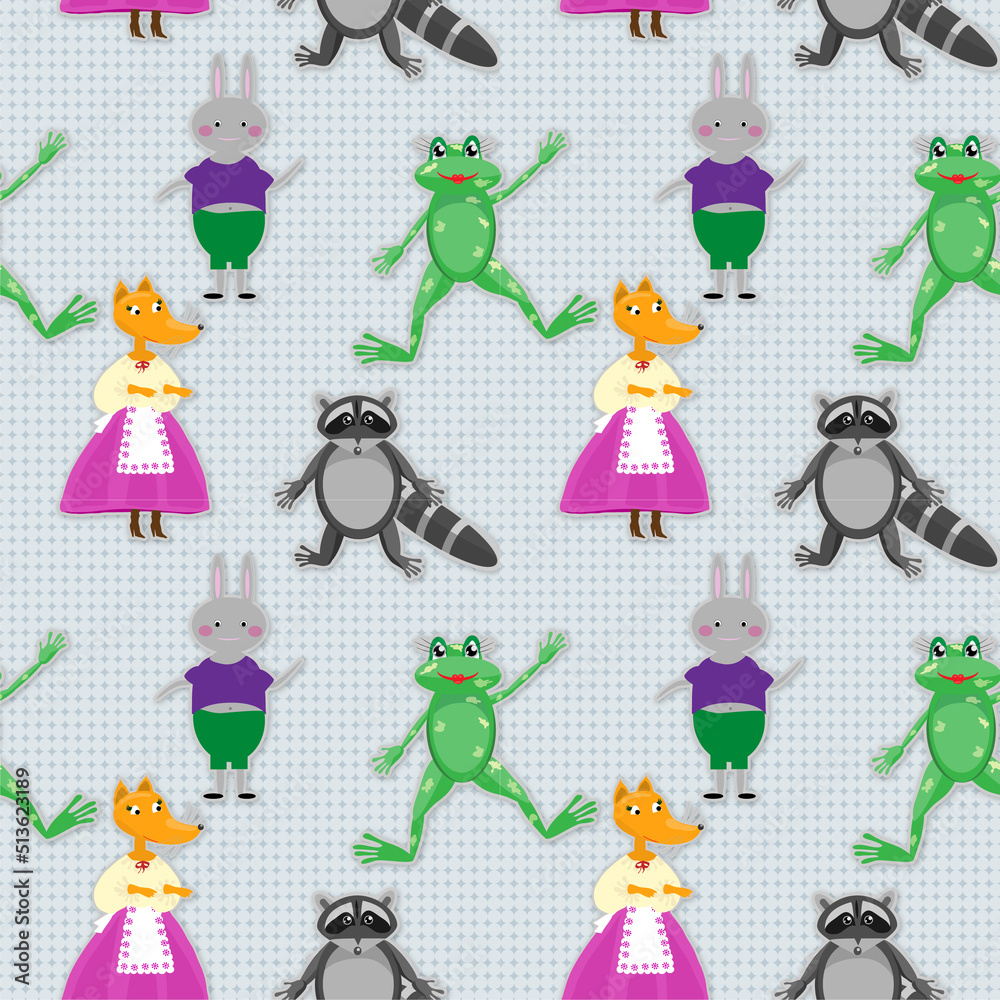 Fototapeta premium seamless pattern with animals: fox, raccoon, frog, rabbit. vector graphics