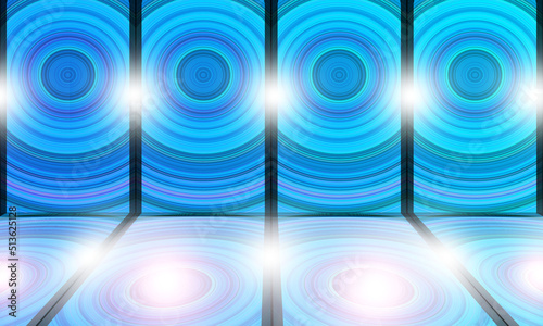 Blue, light reflecting on the wall, blue, green circles, purple, blue are elements that perfectly reflect the light down below.