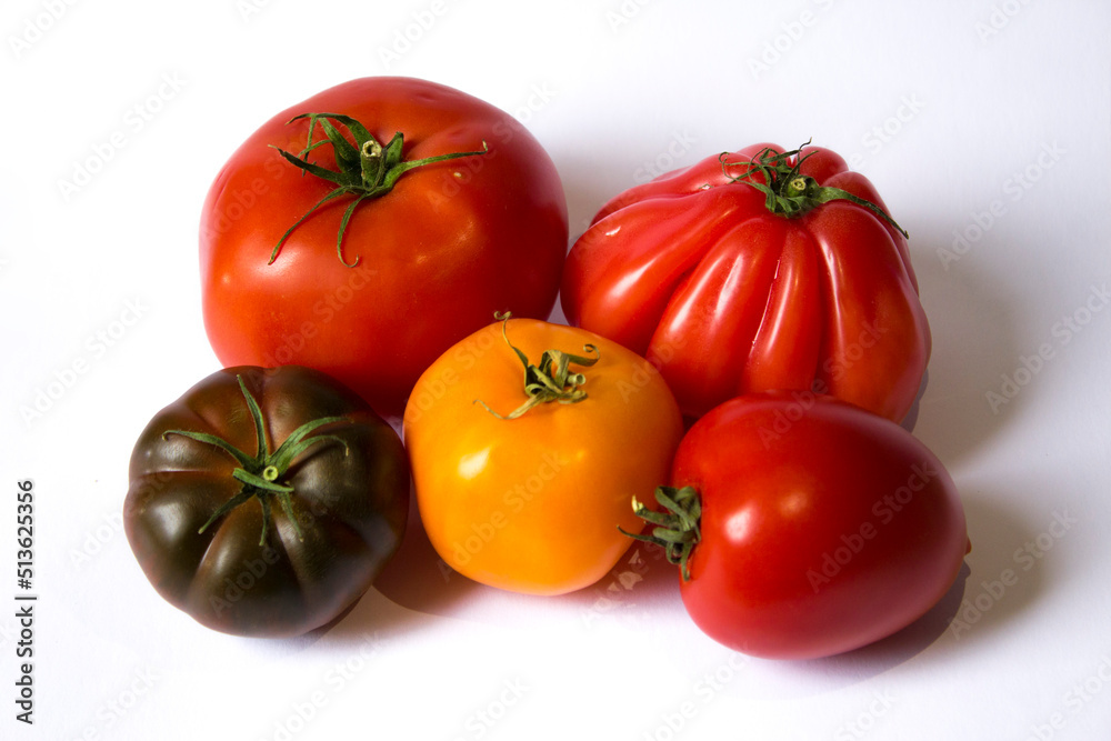 multi-colored tomatoes lie on a white background multi-colored tomatoes lie on a white background