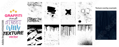 Backdrop overlay texture stamps to create a decorative background and give effect - damage, street culture, vintage, graffiti, dripping paint, drops. Overlays grainy stamp. Vector grunge texture set