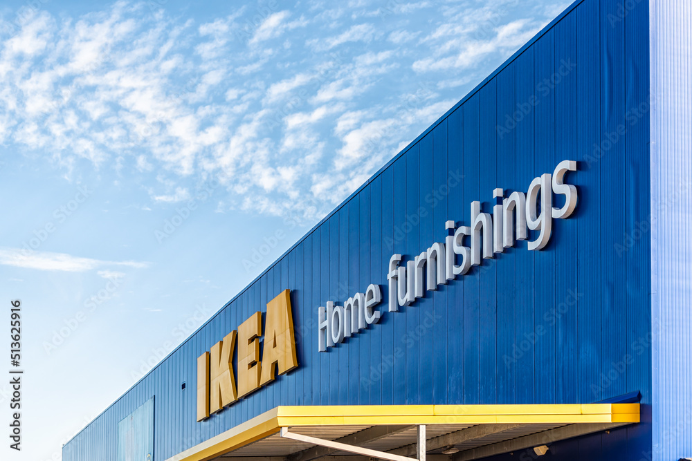 Jacksonville, USA October 19, 2021 Sign on large blue building for IKEA home furnishings